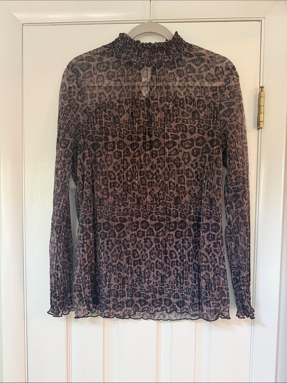 Adrianna Papell Brown and Black Leopard Smocked Neck Long Sleeve Top
